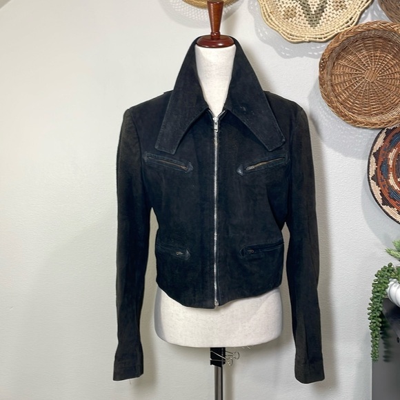 Cropped Vintage Distressed Beat Up Faded Black Suede Leather Biker Jacket Coat - Picture 1 of 16